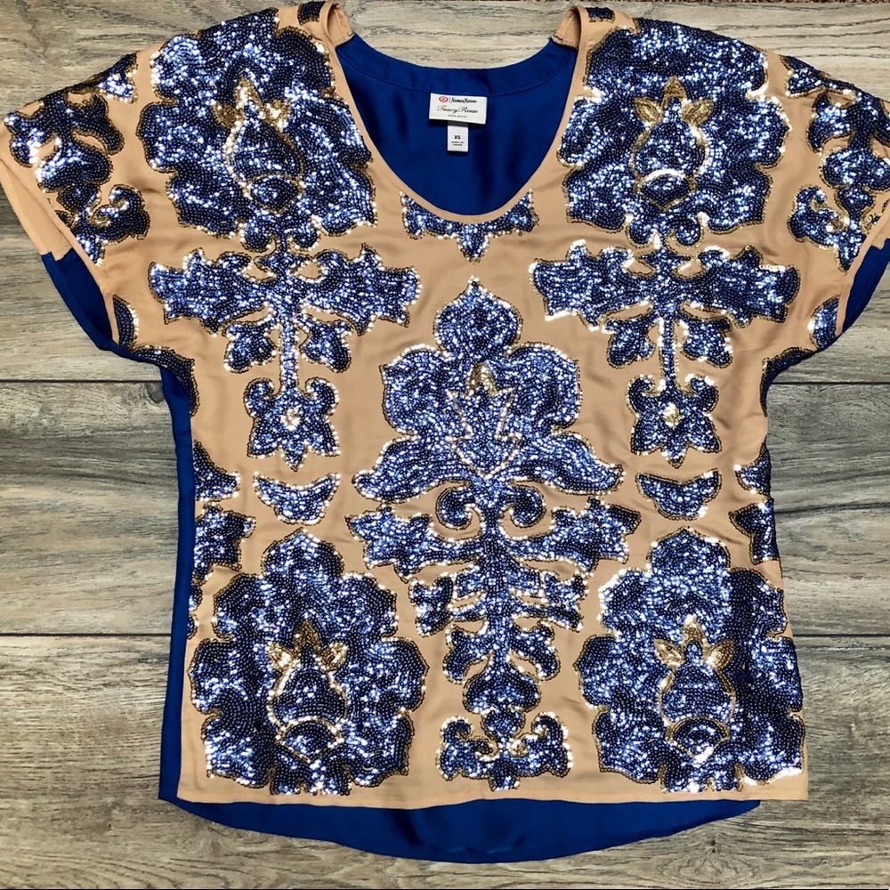 Fun Tracy Reese sequin tan and blue top